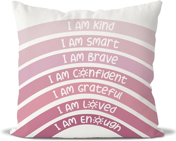 QIYUHOY Boho Rainbow Classroom Throw Pillow Covers, Book Center Calming Corner Playroom Decor Pillow Case, Pink Pillow Cover, I Am Kind Smart Brave Confidence 24x24 Inch Pillowcase(Pink)