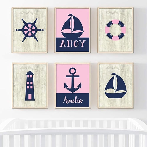 Andaz Press Personalized Girls Ocean Nautical Sailor Theme Nursery Kids Bedroom Hanging Wall Art Decor, 8.5x11-inch, Pink Navy Blue, Ahoy, Boat, 6-Pack, Custom Name Unframed Poster
