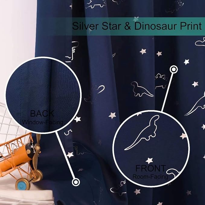 LORDTEX Dinosaur and Star Foil Print Blackout Curtains for Kids Room - Thermal Insulated Curtains Noise Reducing Window Drapes for Boys and Girls Bedroom, 52 x 84 Inch, Navy, Set of 2 Panels