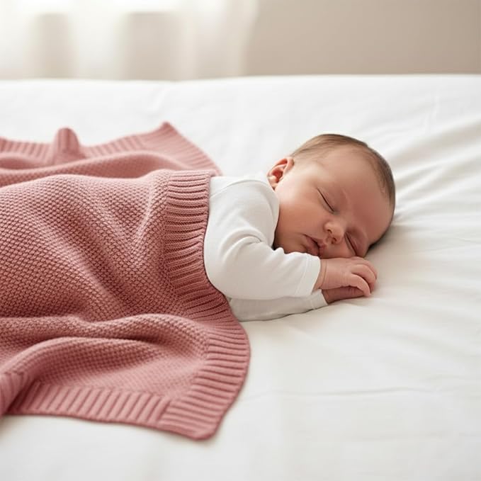 Baby Knit Blanket Soft Cotton Lightweight Newborn Blanket for Crib Stroller Toddler Nursery Shower Gift Cozy Breathable Travel Swaddle Wrap Rose Pink 30 x 30 Inches