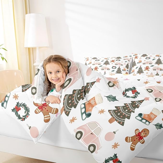 Feelyou Xmas Tree Car Comforter Set All Season Gingerbread Man Bedding Set with 1 Pillow Cases Garland Microfiber Kids Twin Bedclothes Bedroom Decor Duvet Quilt Breathable Soft
