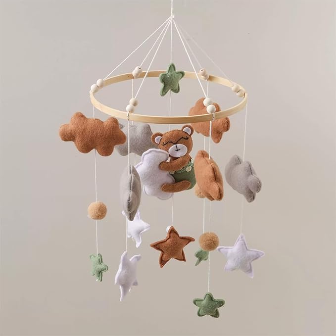 Baby Crib Mobile - Sleeping Bear Mobile for Crib, Felt Cloud Stars Nursery for Boys and Girls, Baby Nursery Hanging Decor (A)
