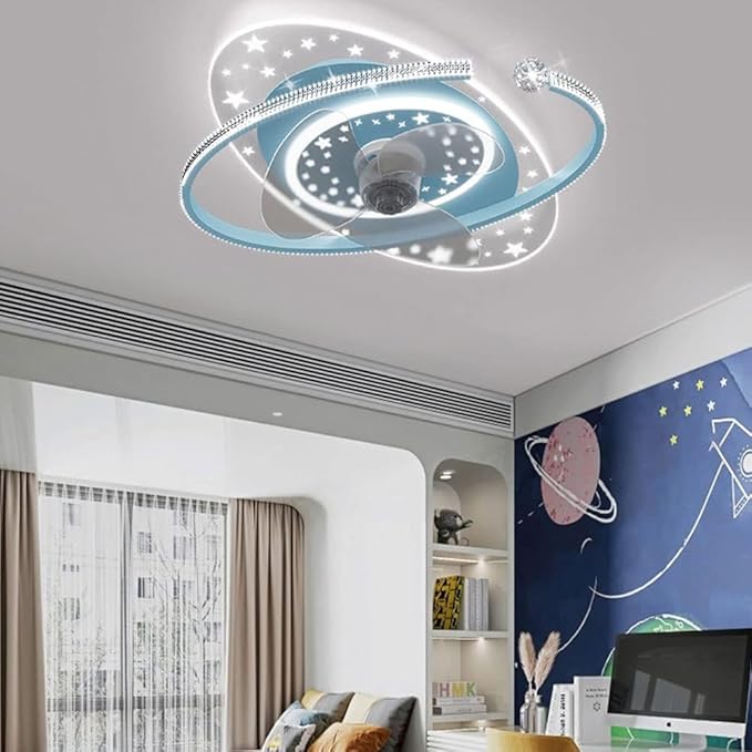 Indoor Ceiling Fans with Lights Remote Dimmable 48W LED Ceiling Lights with Fan Blue Ceiling Fans 6 Speeds Fan Ceiling with Light for Boys Room Bedroom Kids Room