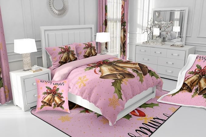 Erosebridal Merry Xmas Kids Queen Comforter Set Christmas Bell Bedding Sets for Girls Happy New Year Theme Down Comforter for Boys Teens Snowflake Quilt Set,Pink