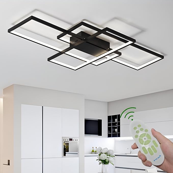 Flush Mount Modern LED Ceiling Light Fixture, With Remote Control Dimmable 3 Color Selectable Ceiling Lamp for Sitting Room, Kitchen, Bedroom, Hallway, Porch (Black, 55.1*31.5*2.5 IN)