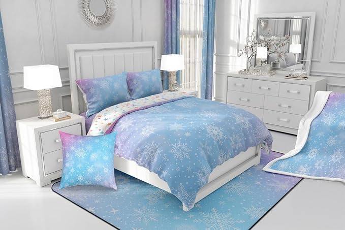 Feelyou Christmas Comforter Set All Season Winter Snowflake Bedding Set with 2 Pillow Cases Blue Purple Gradient Microfiber Kids Full Bedclothes Bedroom Decor Duvet Quilt Breathable Soft Lightweight