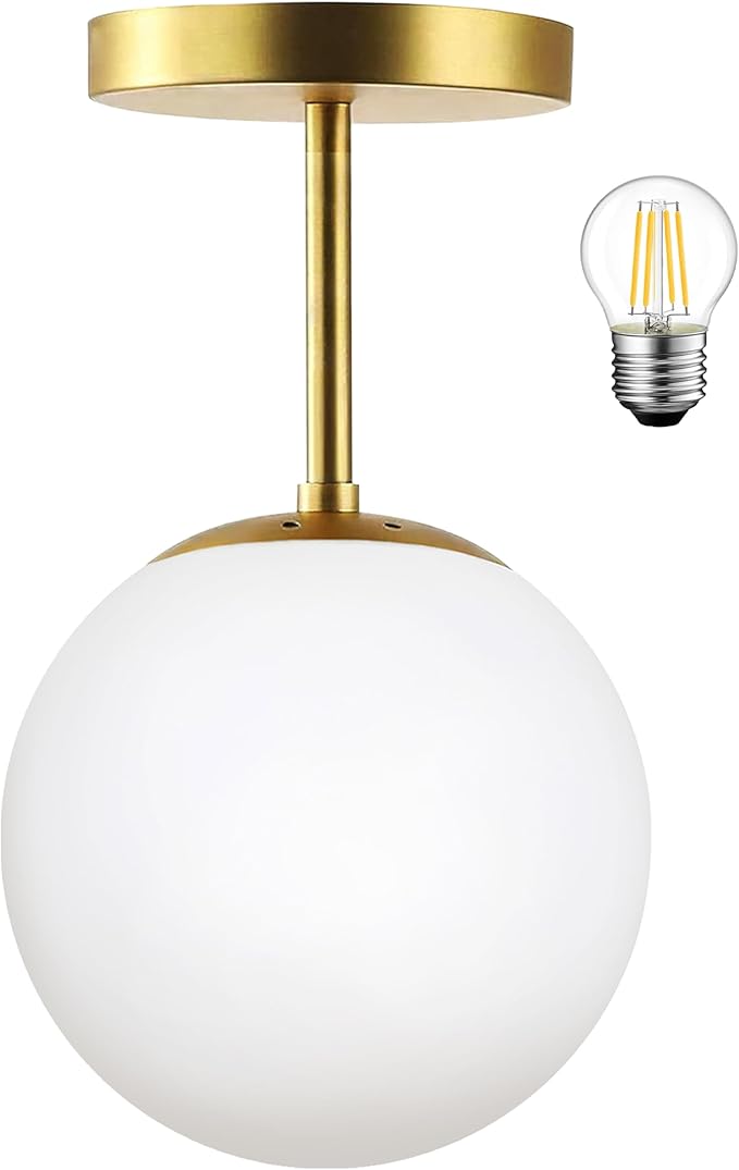 Mid Century Modern Globe Semi Flush Mount Ceiling Light Fixture Frosted Glass with Gold Brass Finish,1-Light Sphere Glass Pendant Lights for Aisle Porch Stairway Closet Kitchen Laundry Room(Bulb Incl)