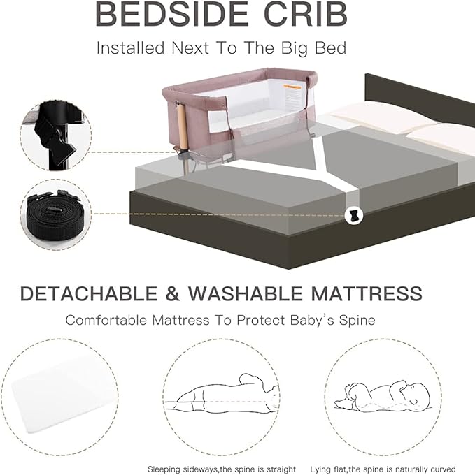 3 in 1 Baby Crib, Bassinet Bedside Crib Adjustable Portable Bed for Infant,Baby Newborn Must Have Bed,Khaki