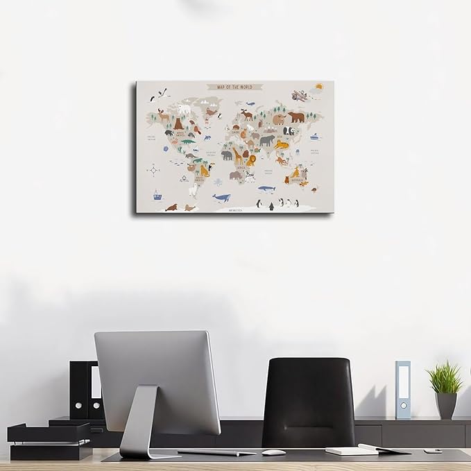 Kids World Map - Playroom Animal World Map - Nursery Educational Poster Canvas Poster Wall Art Picture Paintings for Living Room Bedroom Decoration Frame-style12x18inch(30x45cm)