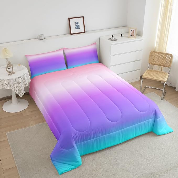 Feelyou Pink Purple Blue Comforter Full Size, Rainbow Ombre Bedding Set Kids Toddler Colorful Gradient Comforter Set for Boys Girls Colorful Duvet Set Durable Bed Set 3Pcs