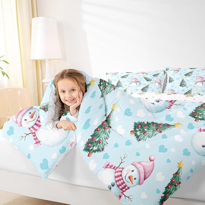 Feelyou Merry Christmas Kids Comforter Set Queen Size Cute Snowman Bedding Set Christmas Tree Duvet Quilt for Kids Boys Girls Bedroom Love Hearts Decor Microfiber Ultra Soft Breathable