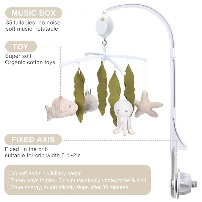 Crib Mobile 35 Lullaby Muisc,Cotton Baby Mobiles for Cribs & Pack N Play, Easy to Install, Stuffed Animals Hanging Toys Newborn Boys & Girls, Ocean Nursery Decor