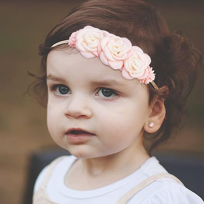 cherrboll 3pcs Baby Girl Headbands Flowers, Super Soft & Stretchy Nylon Floral Hairbands for Newborn Toddler