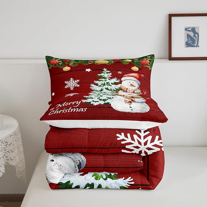 Manfei Christmas Comforter Set Queen Size, Cute Snowman Tree Print Quilt Set with 2 Pillowcases, New Year Theme Rustic Style Xmas Bedding Set 3pcs for Kids Boys Girls Bedroom Decor