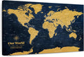 ElephantStock - Personalized Push Pin World Map - Gold Wall Art - Horizontal Canvas Wall Art - Living Room Wall Decor - Digital Art Map Canvas Art - Orange And Blue Decor - 39" x 26"