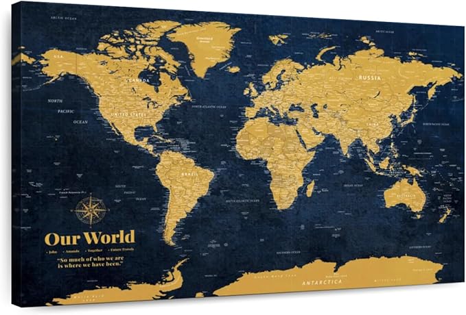 ElephantStock - Personalized Push Pin World Map - Gold Wall Art - Horizontal Canvas Wall Art - Living Room Wall Decor - Digital Art Map Canvas Art - Orange And Blue Decor - 30" x 20"