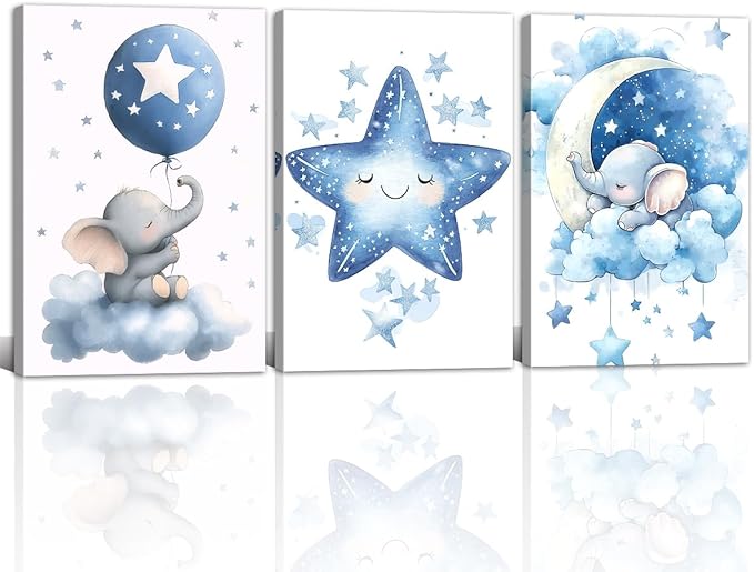 Nursery Canvas Wall Art Elephant Pictures Wall Decor Moon and Stars Painting Baby Boy Prints Cute Animal Poster Artwork for Kids Room Bathroom Decor Framed(Baby-1,12L x 16W x 3Pcs)
