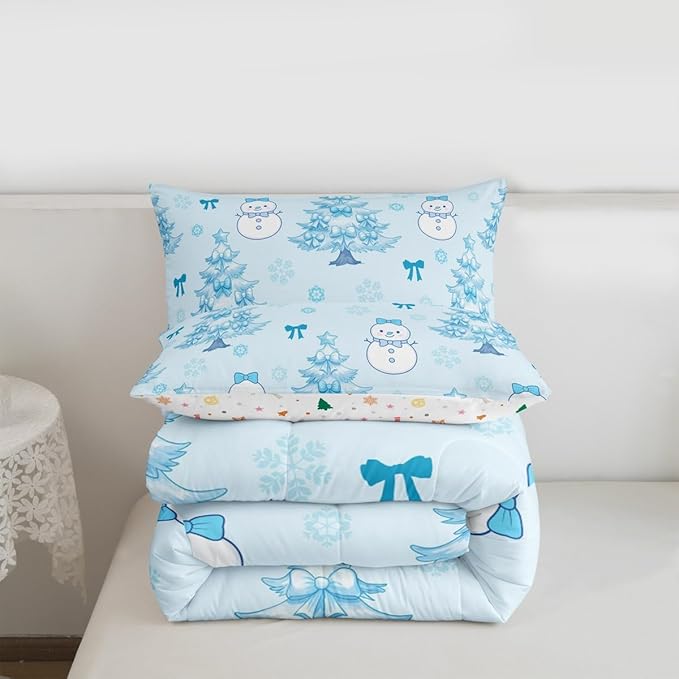 Feelyou Merry Christmas Comforter Set Toddler Size Cute Snowman Bedding Set for Kids Boys Girls Cartoon Bowknot Duvet Quilt Christmas Tree Microfiber 2 Pcs with 1 Pillow Cases