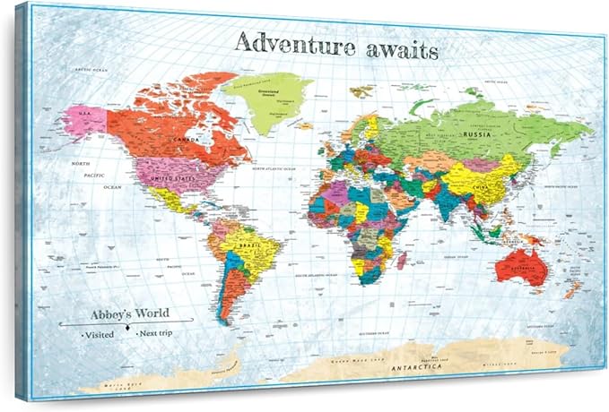 ElephantStock - Personalized Adventure Awaits IV Push Pin World Map Wall Art - Horizontal Canvas Wall Art - Living Room Wall Decor - Digital Art Map Canvas Art - Blue And Green Decor - 30" x 20"