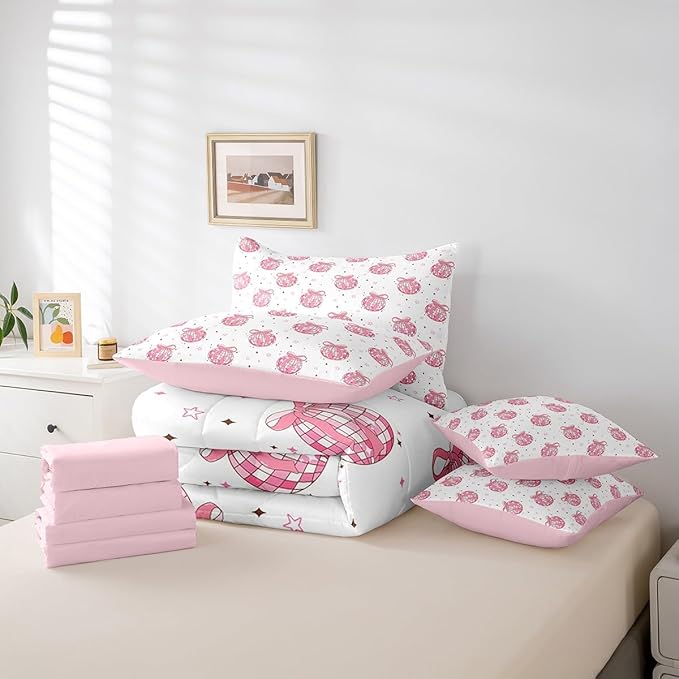 7 Pieces Bow Tie Princess Comforter Set Full,Western Cowgirl Disco Crystal Ball Dreamy Bedding Set,Star Bowknot Patchwork Romantic Pink（Comforter+Fitted+Flat Sheet+2 Pillowcases+2 Throw Pillow Covers）