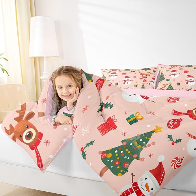 Feelyou Christmas Comforter Set Queen Size Snowman Bedding Set for Kids Boys Girls Deer Xmas Tree Duvet Quilt New Year Gift Bedroom Decor Snowflake Microfiber 3 Pcs with 2 Pillow Cases