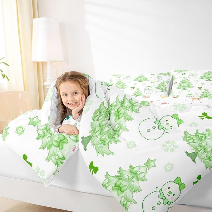 Feelyou Merry Christmas Comforter Set All Season Cute Snowman Bedding Set with 1 Pillow Cases Cartoon Bowknot Microfiber Kids Toddler Bedclothes Christmas Tree Duvet Quilt Soft Lightweight