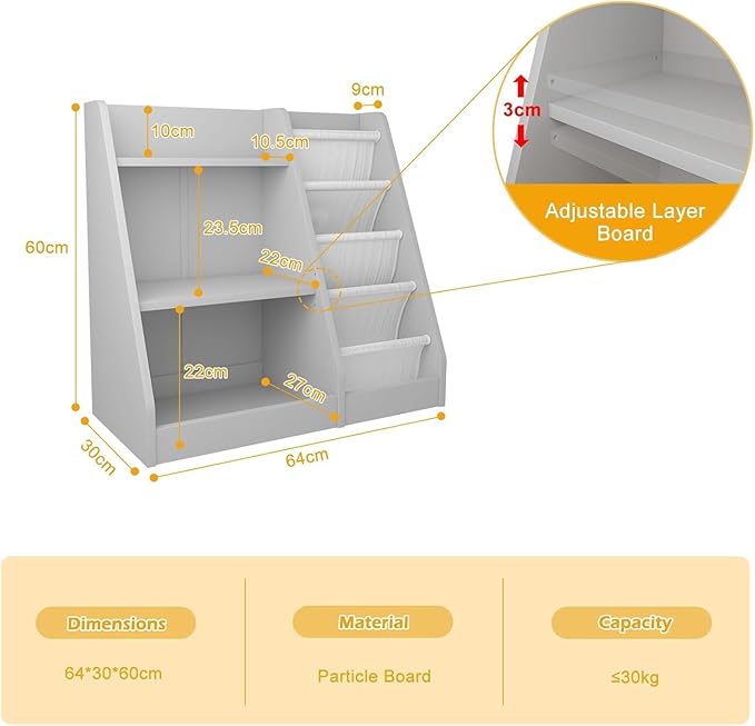 NACHES Montessori Kids Bookshelf Fabric Sling Pockets & Open Shelves – Front Facing Toddler Book Display and Toy Storage Organizer for Nursery Playroom or Bedroom 25" Wide (Gray, Small)