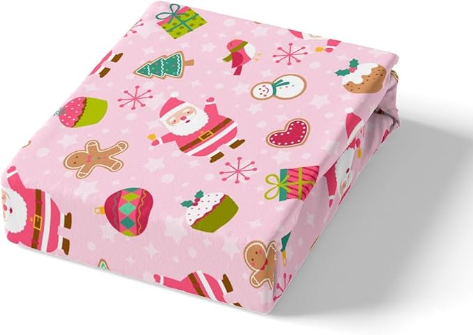 Manfei Christmas Duvet Cover Set King Size, Santa Claus Xmas Trees Snowflake Comforter Cover with 2 Pillowcases, New Year Pink Bedding Set 3pcs for Kids Girls Lightweight Bedspread Cover,No Comforter