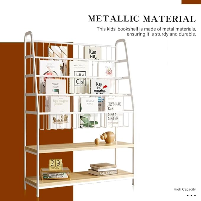 Metal Kids Bookshelf and Toy Storage Organizer,6 Tier Childrens Bookcase,Magazine Rack Floor,Book Shelf for Kids Rooms Classroom Nursery Living Room Office (White, L:39.4")