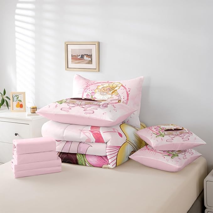Ballerina Bear Kids Comforter King Size,Record Player Music Note Ballet Shoe 7 Pcs Bedding Set,Bowknot Bow Tie Princess Room Decor,Pink Romantic （Fitted+Sheet+2 Pillowcases+2 Throw Pillow Covers）