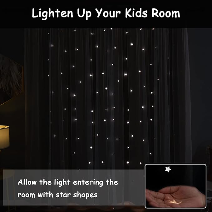 Kinryb Sheer Overlay Curtains for Girls Bedroom, 84 Inches Double Layer Panles with Star Cutout for Kids Room (52 W x 84 L Inches,2 Pcs Silver Grey)