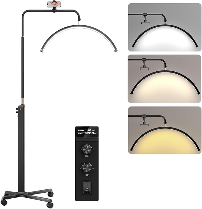 Lash Light, Upgraded 28'' Large Half Moon Light for Lash Tech, Nail Tech, Tattoo Artists and Estheticians, LED Moon Lamp with Knob Control & LCD Display, Lockable Wheel Base and Phone Holder