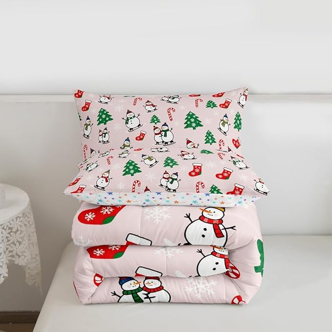 Feelyou Pink Christmas Comforter Set Twin Size Snowman Bedding Set for Kids Boys Girls Snowflake Duvet Quilt Xmas Tree Bedroom Decor Microfiber 2 Pcs with 1 Pillow Cases