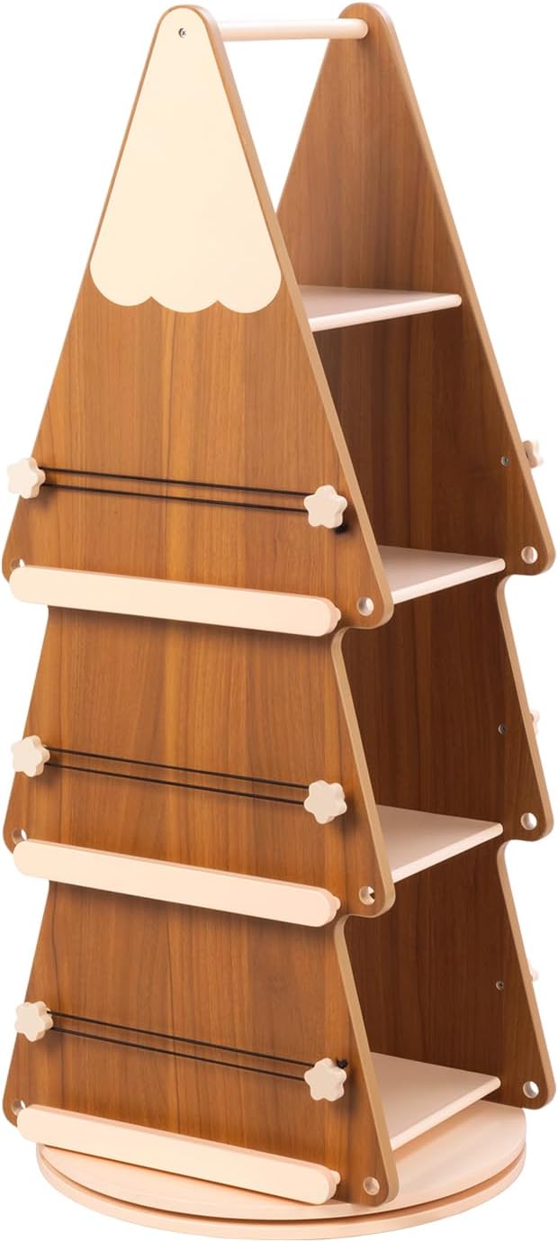 Solid Wood Kids Bookshelf, 4 Tier Rotating Bookshelf, 360° Revolving Bookcase Floor Standing Tree Book Shelf for Kids Rooms, Living Room, Nursery
