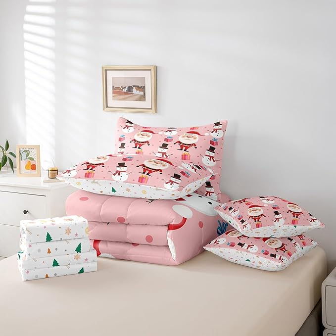 Feelyou Christmas Bed in a Bag Merry Christmas Snowman Comforter Set with Sheets for Kids Boys Girls Decor Santa Claus Bed Set Kawaii Pink Bedding Set Bedroom Collection Twin Size