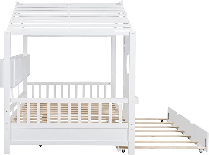 Bellemave Full Size House Bed Frame with Trundle for Kids,Full Kids Bed Frame with Bookshelves,Solid Wood House Bed for Girls,Boys,Can be Decorated,White