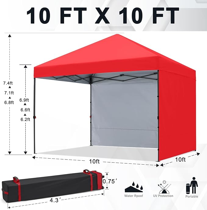 COOSHADE Pop Up Canopy Tent 10x10 with 2 Sidewalls, Outdoor Shade Instant Canopy Tents(Red)