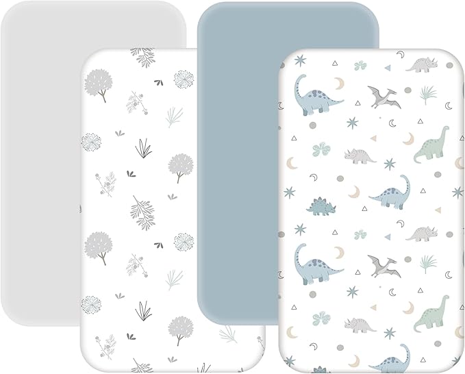 4 Pack Mini Crib Sheets Fitted - 38"x26" Pack and Play Sheets for Playard Mattress, Portable Mini Crib | Soft & Skin Friendly Pack N Play Sheets for Boys Girls (Dinosaur & Leaf)