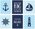 Andaz Press Personalized Ocean Nautical Sailor Theme Nursery Kids Bedroom Hanging Wall Art Decor, 8.5x11-inch, Baby Blue Stripes Dots, 6-Pack, Custom Unframed Room Poster