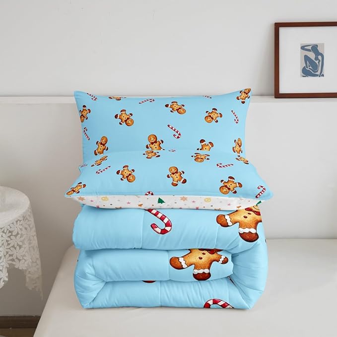 jejeloiu Kids Cute Gingerbread Man Comforter Set Toddler Christmas Theme Bedding Set for Boys Girls Teens Xmas Candy Cane Happy New Year Duvet Quilt Room Decor
