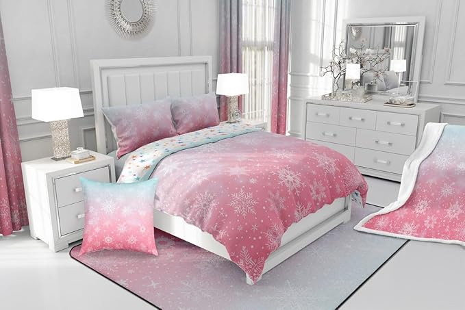 Feelyou Christmas Comforter Set King Size Winter Snowflake Bedding Set for Kids Boys Girls Blue Pink Gradient Duvet Quilt Bedroom Decor Microfiber 3 Pcs with 2 Pillow Cases