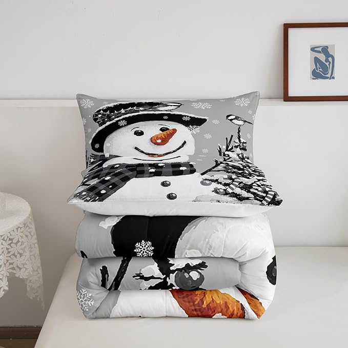 Feelyou Kids Christmas Theme Decorations Bedding Set Xmas Snowman Comforter Set for Boys Girls Snowflake Kawaii Cute Grey Bedroom Collection Twin Size