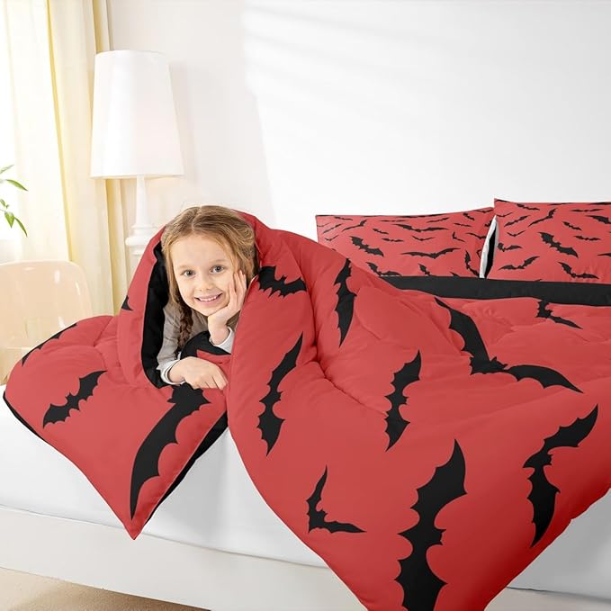 Erosebridal Black Bats Bedding Set Halloween Themed Comforter Set Toddler Size,Bat Spooky Gothic Quilt for Kids Boys Girls Adults Red Halloween Decorations Duvet Insert,Goth Room Decor