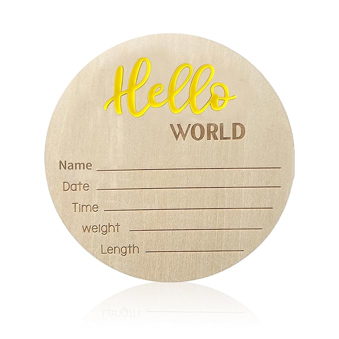Baby Announcement Sign, 5.9 Inch Wooden Hello World Newborn Signs, Birth Announcement Sign, Baby Shower Hospital Nursery for Newborn Boys and Girls… (Yellow)
