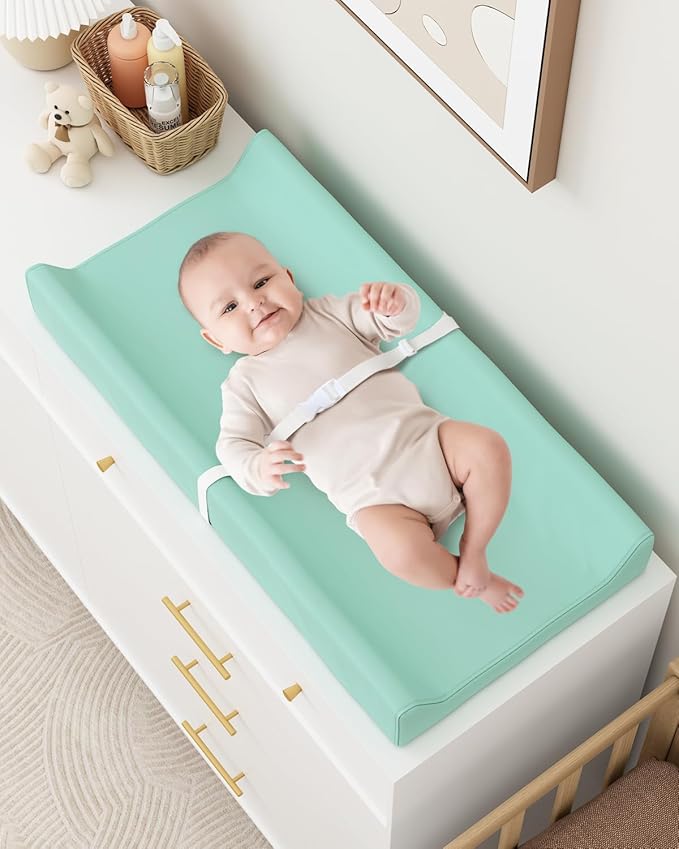 YACODAVO Wipeable Baby Changing Pad for Dresser and Table, Cozy Diaper Changing Pad with Waterproof & Wipe-Clean Leather Cover, Green