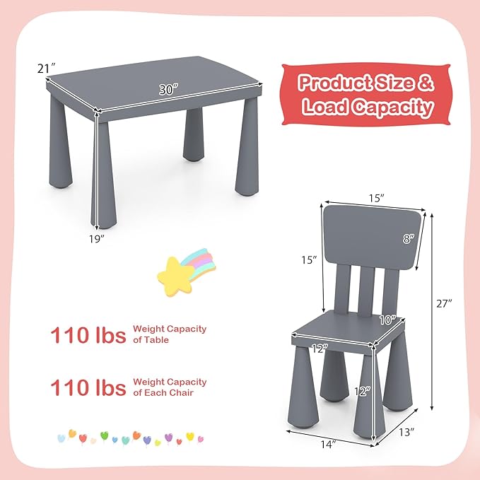 HONEY JOY Kids Table and Chair Set, Plastic Children Activity Table and 2 Chairs for Art Craft, Easy-Clean Tabletop, 3-Piece Toddler Furniture Set for Daycare Playroom, Gift for Boys Girls (Grey)