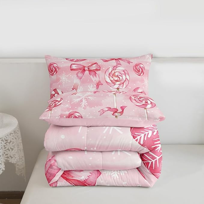 Feelyou Pink Bow Comforter Set King Size Pink Lollipops Bedding Set for Kids Boys Girls Watercolor-Style Duvet Quilt Xmas Snowflake Bedroom Decor Christmas Microfiber 3 Pcs with 2 Pillow Cases