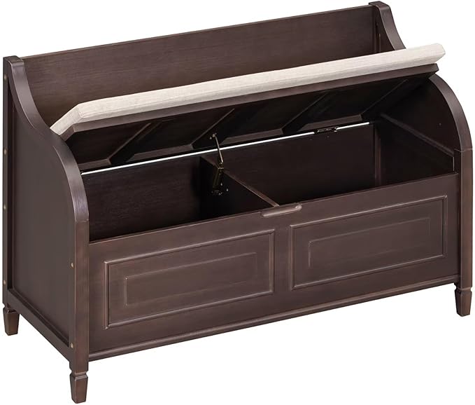 Merax Storage Bench, 41.9” Solid Wood Storage Chest with Backrest and Safety Hinge, Large Storage Space Bench with Upholstered Cushions,Supports 250 lb and Easy Assembly for Small Space, Espresso
