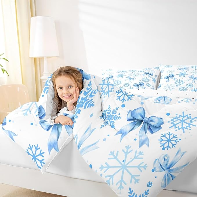 Lovely Bowknot Kids Comforter Set Queen Size,Dreamy Bowknot Dots Snowflake Bedding Set,Room Decor,Winter Merry Christmas Girly Quilt Comforter,Blue White Duvet Set Bedroom Quilt Set,2 Pillowcases