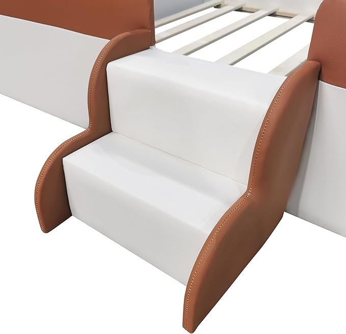Merax Upholstered Kids' Daybed, Daybed Frame with Fence and Stairs, No Box Spring Needed, Full Size, Brown+White